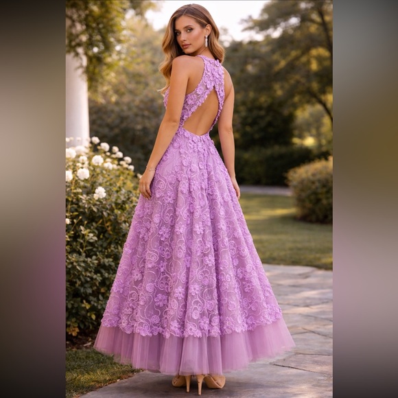 Blush prom halter, sleeveless Lilac Lace
3-D floral for prom or special occasion - Picture 4 of 15